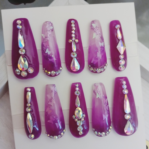 Full diamond set purple glow in the dark acrylic coffin nails - Picture 4 of 10